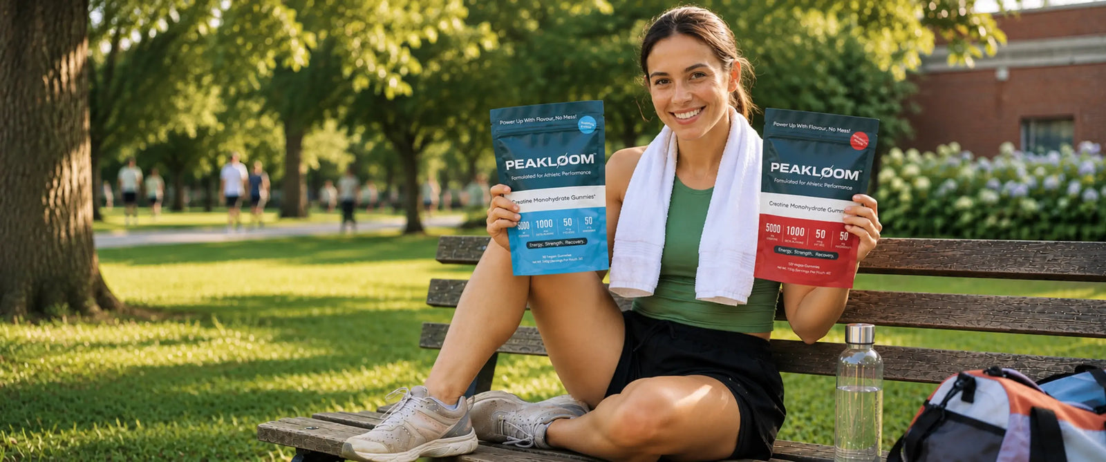 Athlete holding both PEAKLOOM flavour pouches