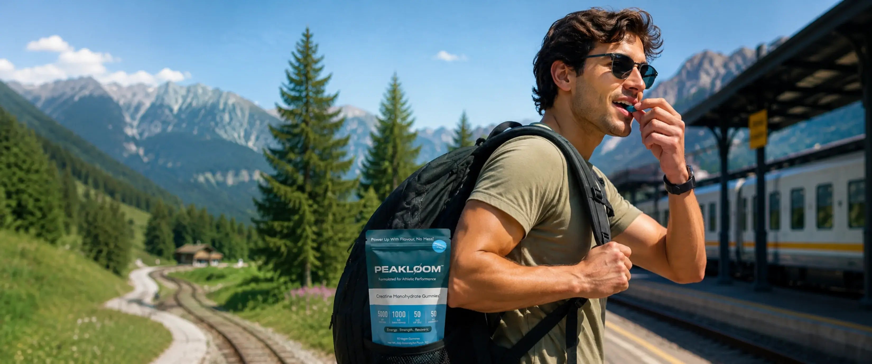 Traveler with a backpack enjoying a PEAKLOOM gummy at a mountain station
