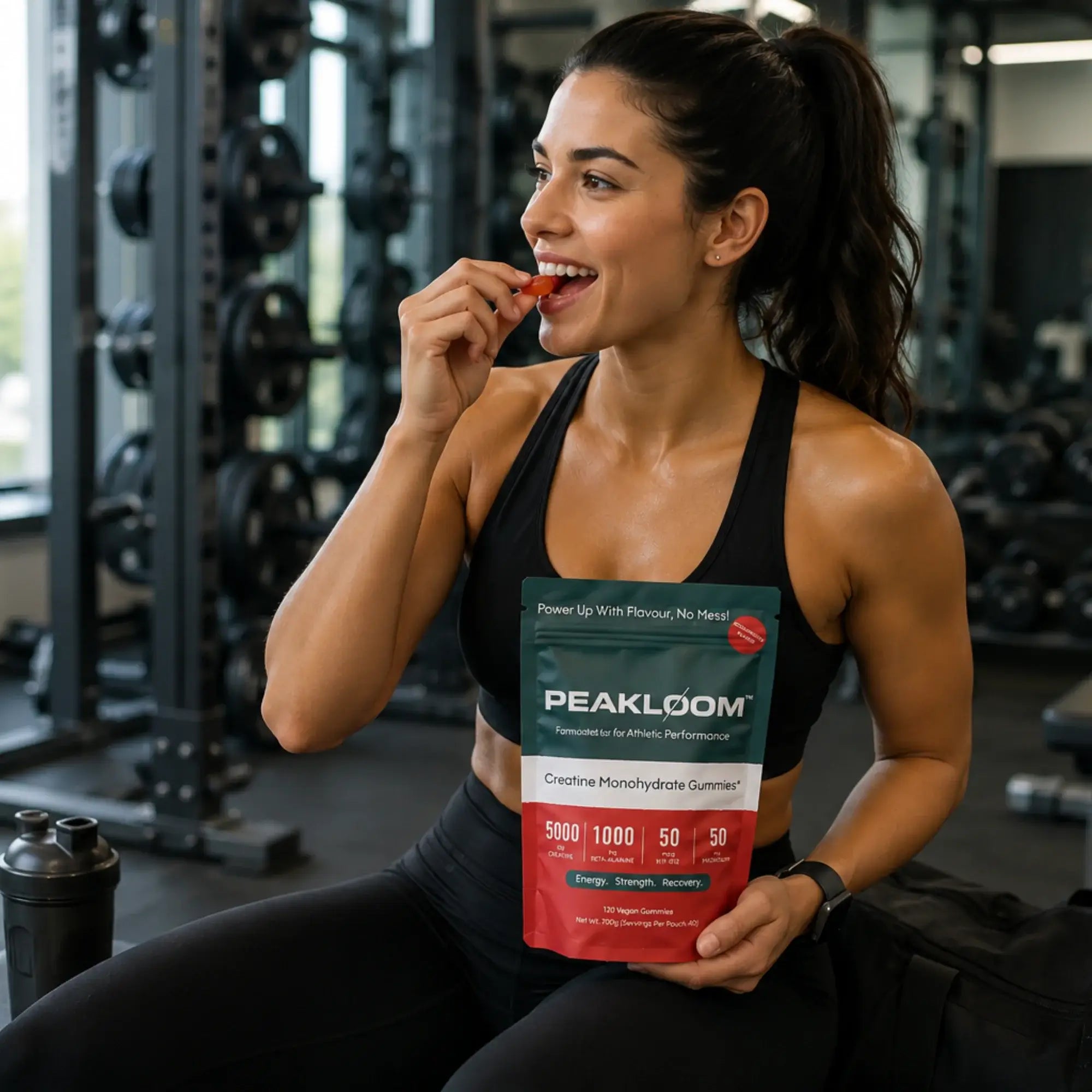 Athlete enjoying a PEAKLOOM creatine gummy in the gym